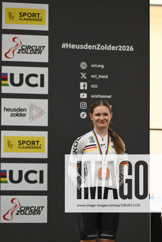 2026 UCI Junior Track World Championships Picture by Mathew Wells SWpix.com - 23 08 2026 - Cycling - 2026 UCI Junior Track World Championships - Heusden-Zolder, Flanders, Belgium - Women Keirin Final - Celine Prochnau of Germany receiving the Bronze Medal