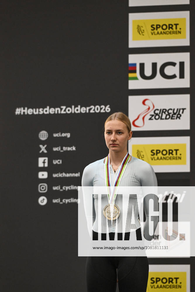 2026 UCI Junior Track World Championships Picture by Mathew Wells SWpix.com - 23 08 2026 - Cycling - 2026 UCI Junior Track World Championships - Heusden-Zolder, Flanders, Belgium - Women Keirin Final - Viktoriia Luchina of AIN receiving the Silver Medal