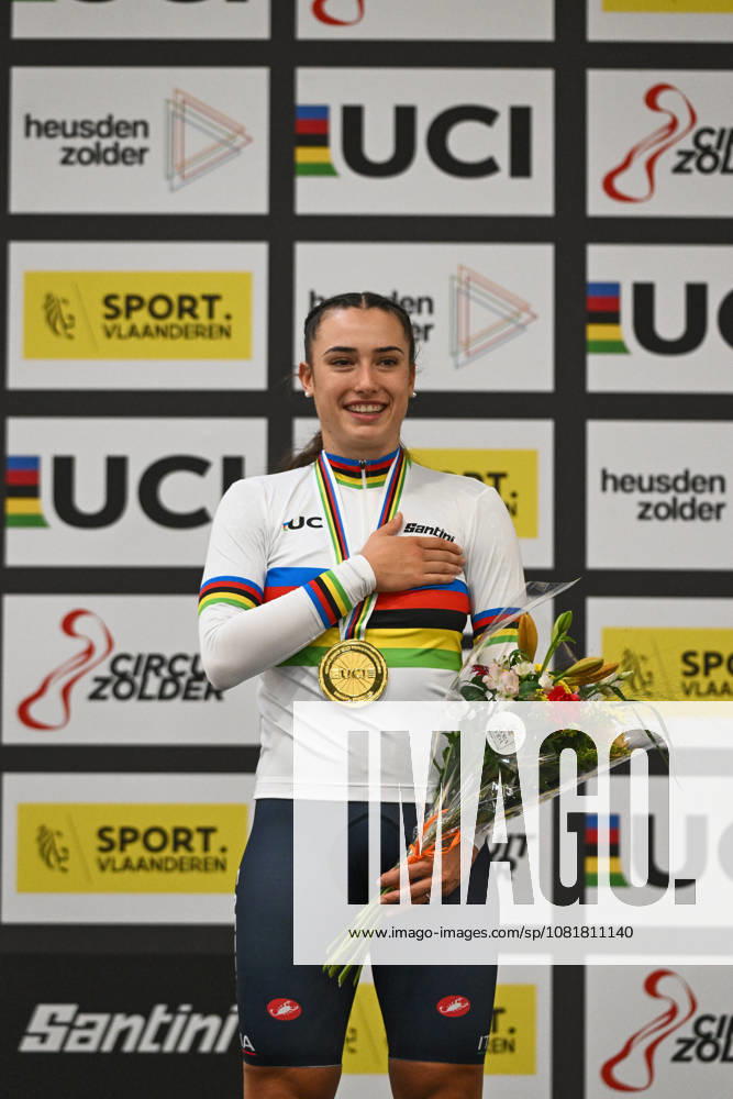 2026 UCI Junior Track World Championships Picture by Mathew Wells SWpix.com - 23 08 2026 - Cycling - 2026 UCI Junior Track World Championships - Heusden-Zolder, Flanders, Belgium - Women Keirin Final - Maya Ferrante of Italy wins the Gold Medal