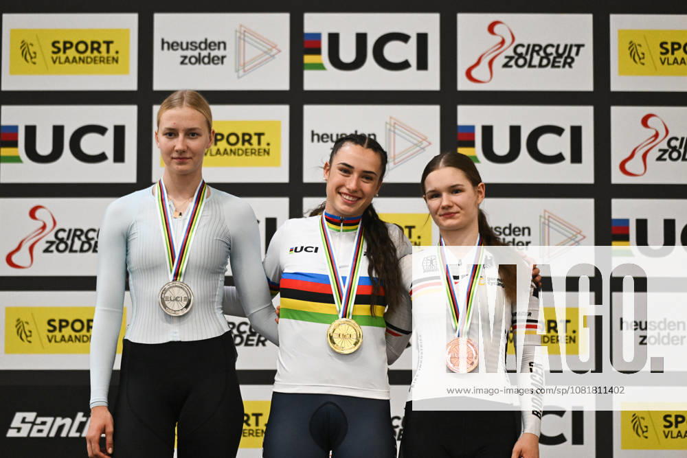 2026 UCI Junior Track World Championships Picture by Mathew Wells SWpix.com - 23 08 2026 - Cycling - 2026 UCI Junior Track World Championships - Heusden-Zolder, Flanders, Belgium - Women Keirin Final - Maya Ferrante of Italy wins the Gold Medal with Viktoriia Luchina of AIN receiving the Silver Medal and Celine Prochnau of Germany receiving the Bronze Medal