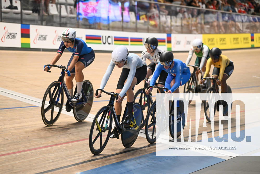 2026 UCI Junior Track World Championships Picture by Mathew Wells SWpix.com - 23 08 2026 - Cycling - 2026 UCI Junior Track World Championships - Heusden-Zolder, Flanders, Belgium - Women Keirin Semifinals - Veronika Solozobova of AIN, Maya Ferrante of Italy, Emilie Jarošova of Czechia