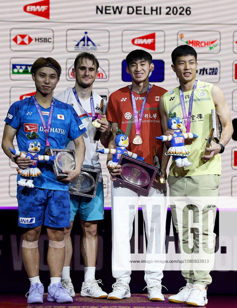 2026 BWF World Championships: Medallists of Men s Singles New Delhi, Aug 23 (ANI): (L-R) Japan s Kodai Naraoka (Silver), France s Alex Lanier (Gold), Canada s Victor Lai (Bronze), and Taiwan s Chou Tien-Chen (Bronze) from the men s singles category pose for a photo with their medals at the BWF World Championships at Indira Gandhi Indoor Stadium, in New Delhi on Sunday. NEW DELHI Delhi India