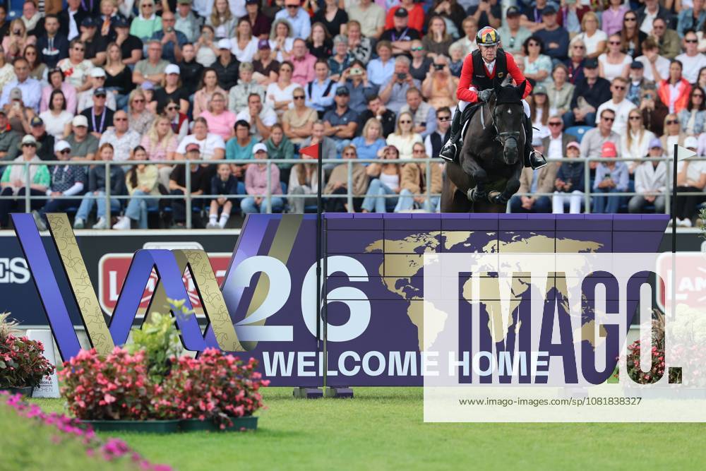 Marcus Ehning (GER, Deutschland) mit Pferd Coolio 42 am WM-Sprung, WM-Mauer, WM-Hindernis , Springen, FEI Jumping World Championship, WM, Weltmeisterschaft , FEI Jumping World Championship, Competition Individual Final, Longines-Prize, Longines-Preis, Finale Einzelwertung, Jumping , AACHEN - FEI World Championships 2026, Weltfest des Pferdesports, Reitsport Weltmeisterschaft 2026, Aachen 2026, Welcome Home 2026, Aachener Soers, 11. bis 23. August 2026, Reitsport, 23.08.2026, Aachen Aachener Soers Deutschland