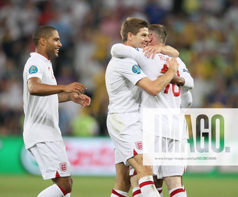 Englands Wayne Rooney celebrates scoring his sides opening goal with Steven Gerrard..Euro 2012 England v Ukraine, Donbass Arena, Donetsk, 19th June 2012. Pic David Klein SPORTIMAGE .
