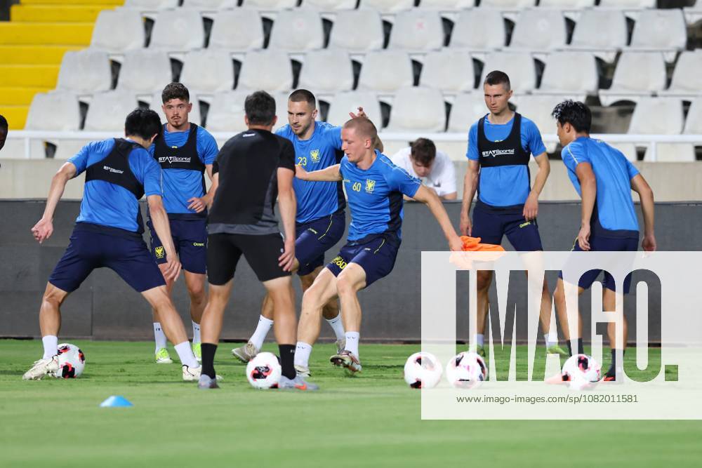 STVV s Joedrick Pupe and STVV s Robert-Jan Vanwesemael fight for the ball during a training session of Belgian soccer team Sint-Truidense V.V., Wednesday 26 August 2026 in Nicosie, Cyprus, in preparations of the return leg of the play-off round for the UEFA Europa League league phase, against Cypriot team AC Omonoia Nicosia. STVV won the first leg 1-0. BRUNOxFAHY x184425433x