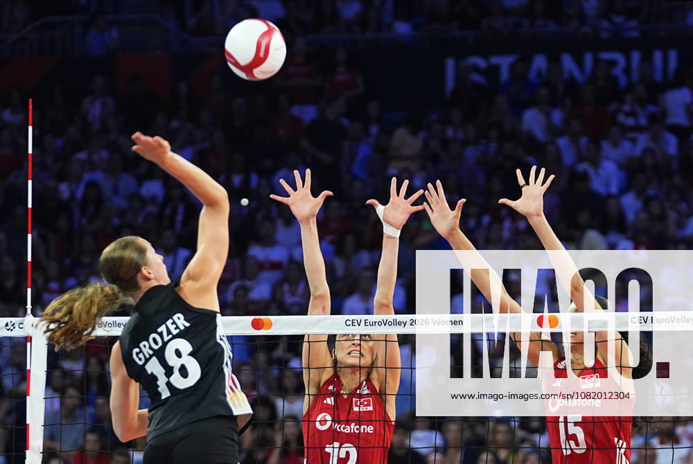 Turkiye v Germany - CEV EuroVolley 2026 ISTANBUL, TURKIYE - AUGUST 26: Elif Sahin (12) of Turkiye in action against Leana Grozer (18) of Germany during the CEV EuroVolley 2026 Women Group A match between Turkiye and Germany at Sinan Erdem Sports Hall, on August 26, 2026, in Istanbul, Turkiye. Esra Bilgin Anadolu Istanbul Turkey. Editorial use only. Please get in touch for any other usage.