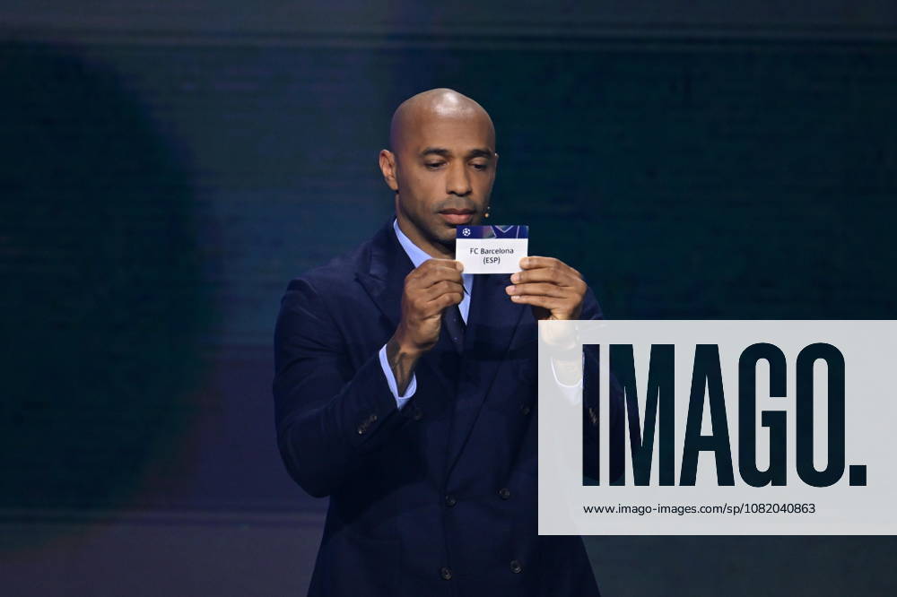 UEFA Champions League 2026 27 league phase draw in Monaco MONACO - AUGUST 27: French former football player Thierry Henry shows the paper slip of FC Barcelona, Barca (ESP) during the draw ceremony for the league phase of the 2026-2027 UEFA Champions League football tournament at the Grimaldi Forum in the Principality of Monaco on August 27, 2026. Mustafa Yalcin Anadolu Monaco Monaco. Editorial use only. Please get in touch for any other usage.