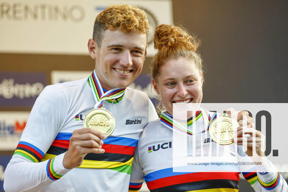 Adrien Yves Claude Boichis from France and Laura Stigger from Austria are the new World champions and celebrates their gold medal after medal ceremony during the Uci Mountainbike World Championship, WM, Weltmeisterschaft - Men Elite Cross-County Short Track World Championships at Val di Sole on August 27, 2026 in Trento, Italy.