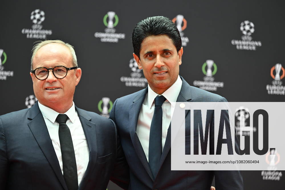 UEFA Champions League 2026 27 league phase draw in Monaco MONACO - AUGUST 27: Paris Saint Germain s Qatari president Nasser al-Khelaifi (R) poses prior to the draw ceremony for the league phase of the 2026-2027 UEFA Champions League football tournament at the Grimaldi Forum in Monaco on August 27, 2026. Mustafa Yalcin Anadolu Monaco Monaco. Editorial use only. Please get in touch for any other usage.