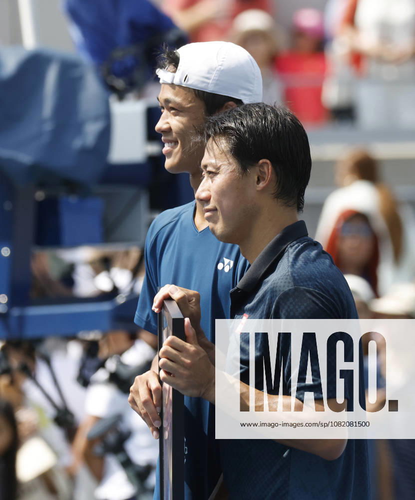 Kei Nishikori of Japan stands with Rei Sakamoto of Japan after his defeat in a qualifying final round match at the 2026 US Open Tennis Championship at the USTA Billie Jean King National Tennis Center in New York City on Friday, August 28, 2026. This was Nishikori s final Grand Slam appearance. NYP20260828143 JOHNxANGELILLO