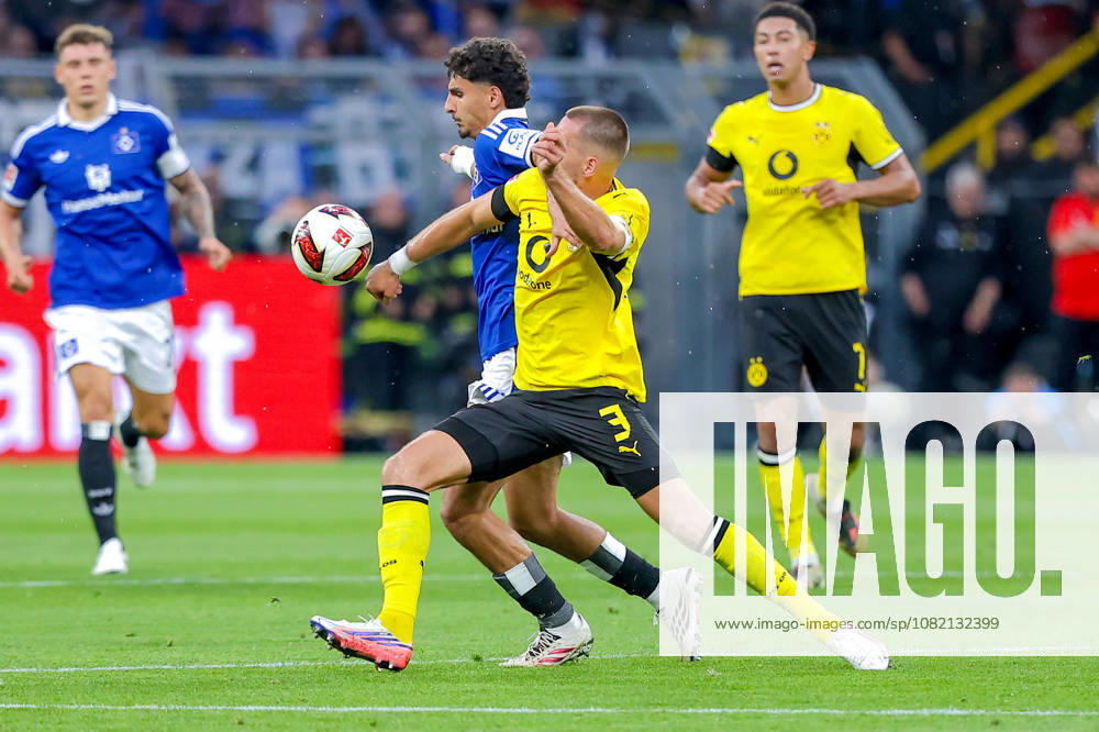 2026.08.29, Fußball, Bundesliga, Borussia Dortmund - Hamburger SV, Signal Iduna Park, 1.Spieltag, Saison 2026 2027: Waldemar Anton (Borussia Dortmund 3) im Zweikampf gegen Martin Adeline (Hamburger SV 5) DFB regulations prohibit any use of photographs as image sequences and or quasi-video. Photo: WilkowskixPressefotoKochx Nordrhein-Westfalen Deutschland
