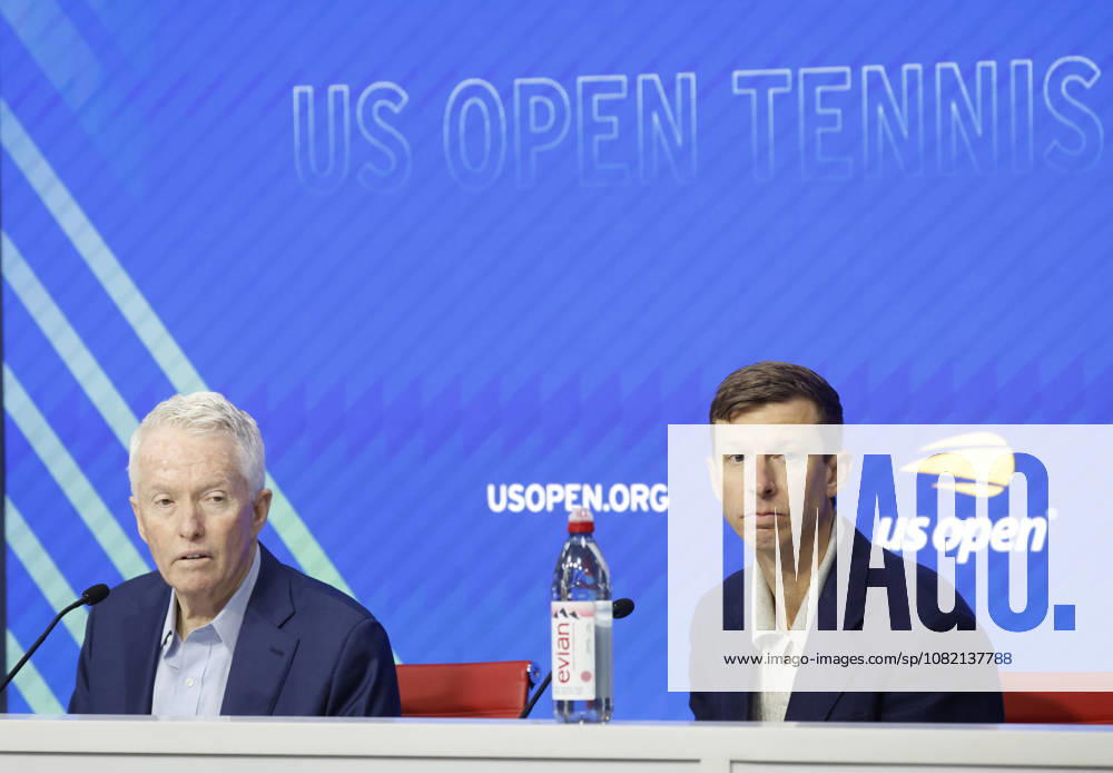 US Open Tournament Director Eric Butorac and USTA CEO Craig Tiley speak at a press conference, PK, Pressekonferenz at the 2026 US Open Tennis Championship at the USTA Billie Jean King National Tennis Center in New York City on Saturday, August 29, 2026. NYP20260829109 JOHNxANGELILLO