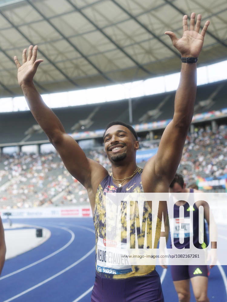 Leo NEUGEBAUER (GER Germany) reacts after the 100m during the ISTAF at Olympic Stadium on August 30, 2026 in Berlin, Germany. Germany