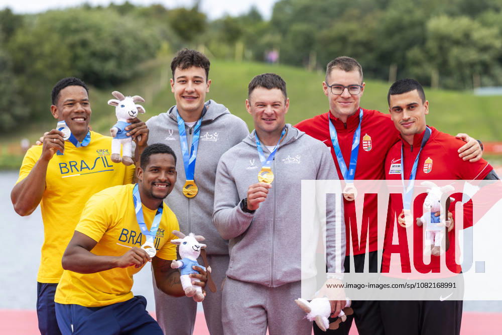ICF Canoe Sprint and Paracanoe World Championships Gabriel Assuncao Nasciemiento,Jacky Jamael Nascimento Godmann,Zakhar Petrov,Ivan Shtyl, Kristof Kollar,Istvan David Juchasz at the medal ceremony during the 2026 ICF World Championships in Canoe Sprint and Para-canoe in PoznaÅ , Poland, on 30 August 2026. Poznan Poland