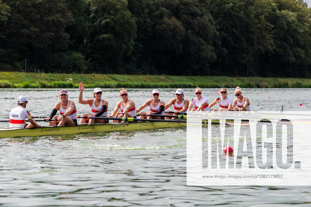 30 Aug 2026 World Rowing Championships AMSTERDAM, NETHERLANDS - AUGUST 30: Nora Peuser, Paula Hartmann, Olivia Clotten, Antonia Galland, Pia Greiten, Annabelle Bachmann, Luise Bachmann, Tabea Schendekehl and Florian Koch of Germany during 30 Aug 2026 World Rowing Championships at Bosbaan on August 30, 2026 in Amsterdam, Netherlands. Amsterdam Bosbaan Netherlands Content not available for redistribution in The Netherlands directly or indirectly through any third parties.
