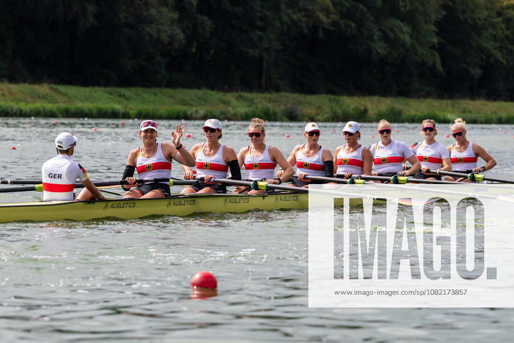 30 Aug 2026 World Rowing Championships AMSTERDAM, NETHERLANDS - AUGUST 30: Nora Peuser, Paula Hartmann, Olivia Clotten, Antonia Galland, Pia Greiten, Annabelle Bachmann, Luise Bachmann, Tabea Schendekehl and Florian Koch of Germany during 30 Aug 2026 World Rowing Championships at Bosbaan on August 30, 2026 in Amsterdam, Netherlands. Amsterdam Bosbaan Netherlands Content not available for redistribution in The Netherlands directly or indirectly through any third parties.
