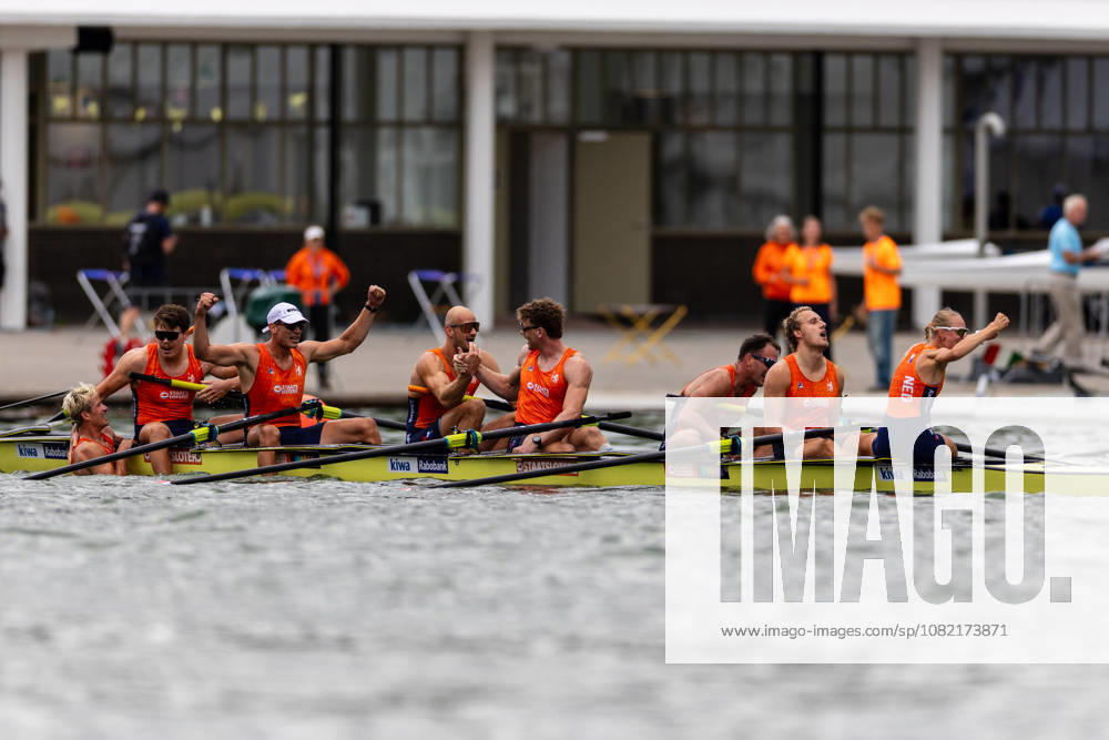 30 Aug 2026 World Rowing Championships AMSTERDAM, NETHERLANDS - AUGUST 30: Ralf Rienks, Finn Florijn, Wibout Rustenburg, Jorn Salverda, Pieter Van Veen, Jan Van Der Bij, Mick Makker and Jonna De Vries of the Netherlands and Sander de Graaf of The Netherlands during 30 Aug 2026 World Rowing Championships at Bosbaan on August 30, 2026 in Amsterdam, Netherlands. Amsterdam Bosbaan Netherlands Content not available for redistribution in The Netherlands directly or indirectly through any third parties.