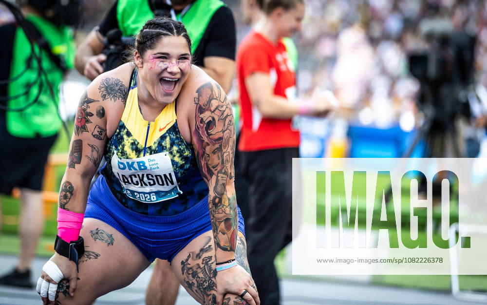 ISTAF 2026; Berlin, 30.08.2026 Ausgelassene Freude: Chase JACKSON (USA United States) während des Kugelstoßwettkampfs der Frauen; ISTAF Berlin am 30.08.2026 im Olympiastadion in Berlin (Deutschland).
