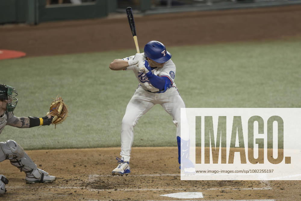 Texas Rangers second baseman JUSTIN FOSCUE (14) jumps away from a pitch thrown by Athletics at Globe Life Field. Rangers win 8-1. Arlington USA - ZUMAf180 20260831_zsp_f180_028