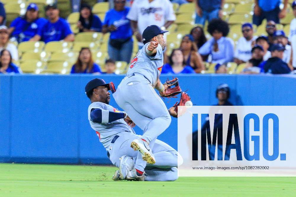 Jordan Walker 18 and Jose Fermin 15 of the St. Louis Cardinals clash while trying to catch a pop fly on a double by Mookie Betts 50 that led to three runs for the Dodgers in the third inning during a regular-season MLB, Baseball Herren, USA game against the Los Angeles Dodgers on Tuesday, September 1, 2026, at Dodger Stadium in Los Angeles, California. Dodgers lose to Cardinals, 8-13. JAVIER ROJAS PI Dodgers Lose To Cardinals, 8-13 - ZUMAp124 20260901_zaa_p124_018