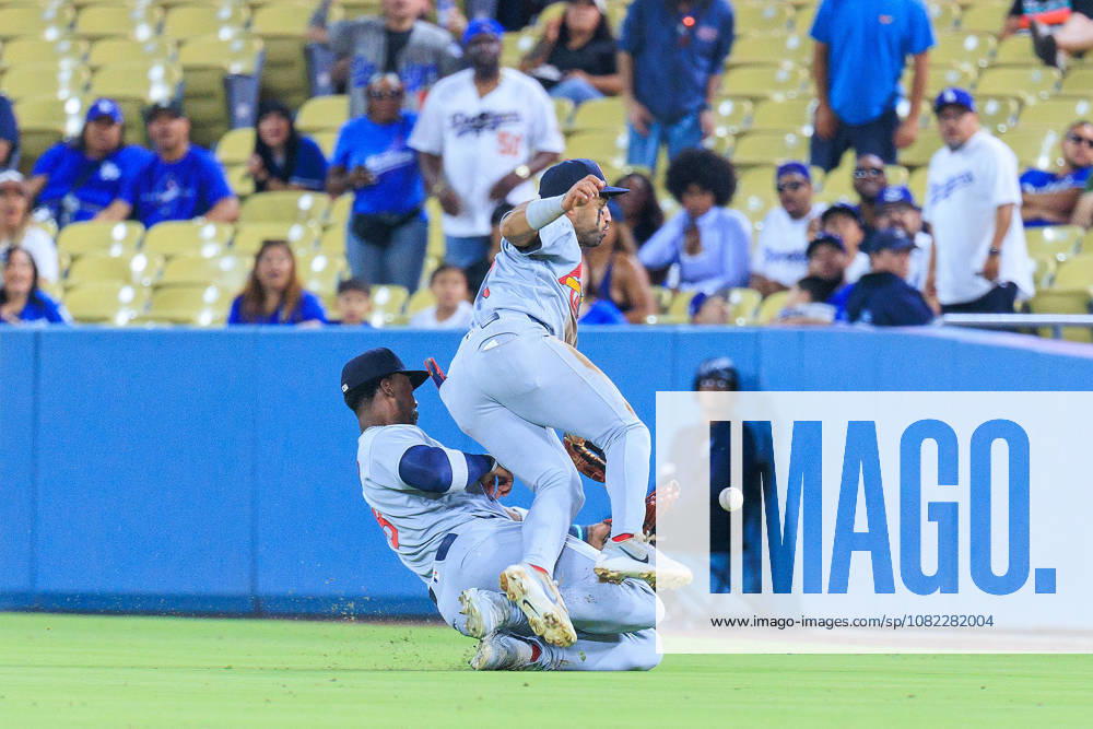 Jordan Walker 18 and Jose Fermin 15 of the St. Louis Cardinals clash while trying to catch a pop fly on a double by Mookie Betts 50 that led to three runs for the Dodgers in the third inning during a regular-season MLB, Baseball Herren, USA game against the Los Angeles Dodgers on Tuesday, September 1, 2026, at Dodger Stadium in Los Angeles, California. Dodgers lose to Cardinals, 8-13. JAVIER ROJAS PI Dodgers Lose To Cardinals, 8-13 - ZUMAp124 20260901_zaa_p124_019