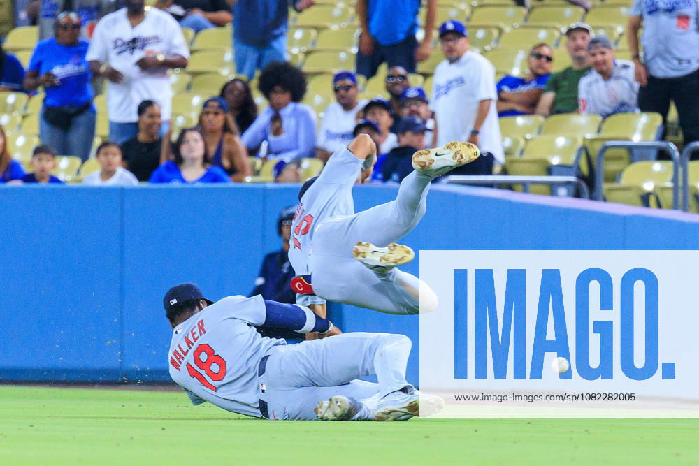 Jordan Walker 18 and Jose Fermin 15 of the St. Louis Cardinals clash while trying to catch a pop fly on a double by Mookie Betts 50 that led to three runs for the Dodgers in the third inning during a regular-season MLB, Baseball Herren, USA game against the Los Angeles Dodgers on Tuesday, September 1, 2026, at Dodger Stadium in Los Angeles, California. Dodgers lose to Cardinals, 8-13. JAVIER ROJAS PI Dodgers Lose To Cardinals, 8-13 - ZUMAp124 20260901_zaa_p124_020
