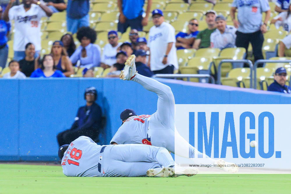 Jordan Walker 18 and Jose Fermin 15 of the St. Louis Cardinals clash while trying to catch a pop fly on a double by Mookie Betts 50 that led to three runs for the Dodgers in the third inning during a regular-season MLB, Baseball Herren, USA game against the Los Angeles Dodgers on Tuesday, September 1, 2026, at Dodger Stadium in Los Angeles, California. Dodgers lose to Cardinals, 8-13. JAVIER ROJAS PI Dodgers Lose To Cardinals, 8-13 - ZUMAp124 20260901_zaa_p124_021