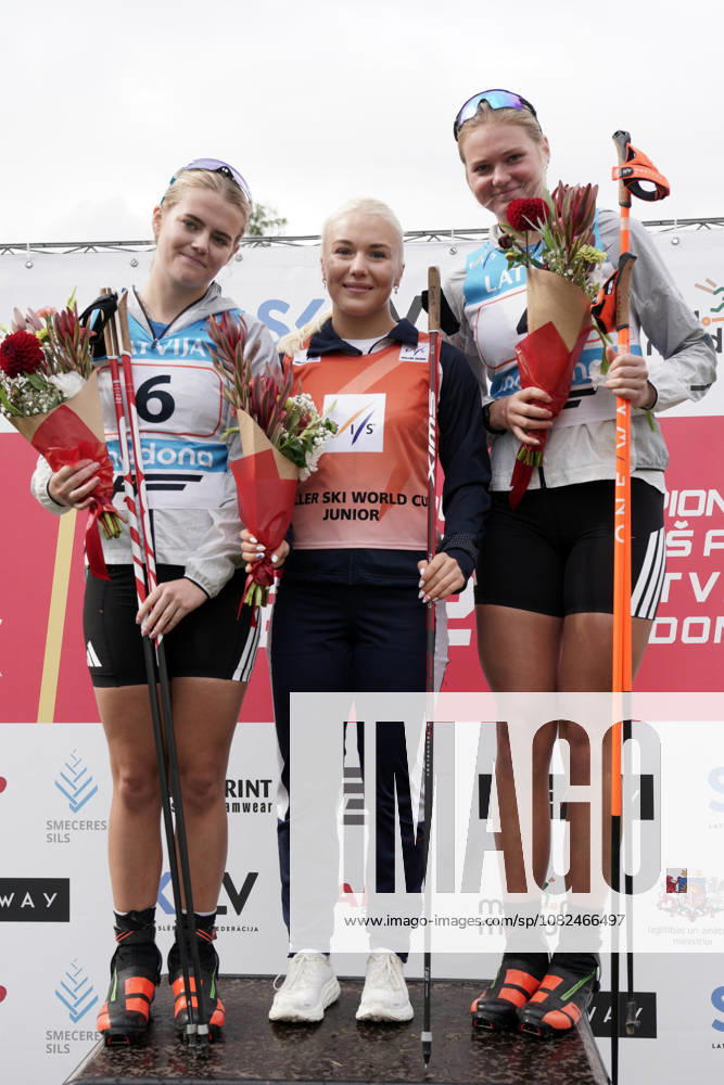 From left, Lisa Alrik of Sweden, second place, Emilie Ruud Lia of Norway, first place, and Matilda Grahn of Sweden, third place, celebrate after the Junior Women mass start race of the FIS Rollerski World Championships 2026 in Madona, Latvia, on September 6, 2026. Madona Latvia