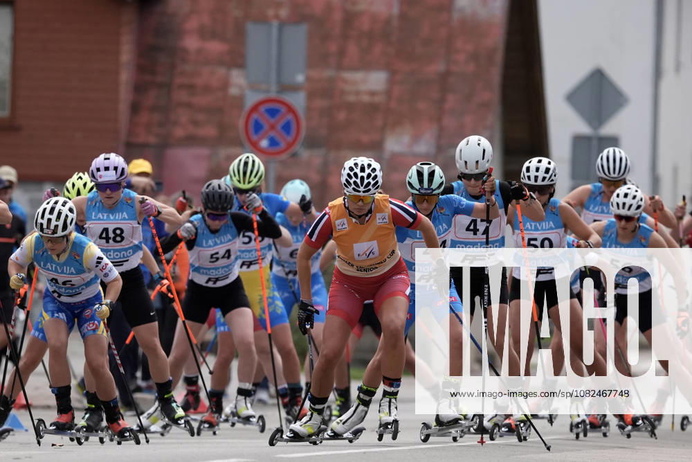 Ragnhild Aarekol of Norway, center, competes during the Women mass start race of the FIS Rollerski World Championships 2026 in Madona, Latvia, on September 6, 2026. Madona Latvia