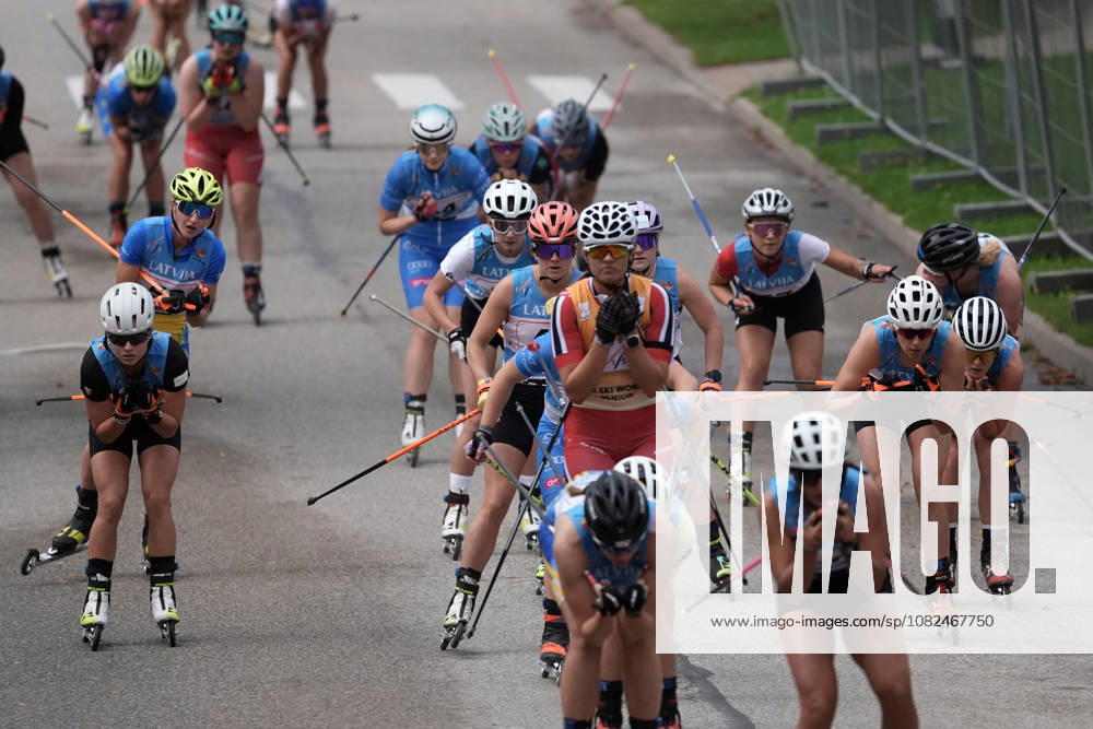 Ragnhild Aarekol of Norway, center, competes during the Women mass start race of the FIS Rollerski World Championships 2026 in Madona, Latvia, on September 6, 2026. Madona Latvia