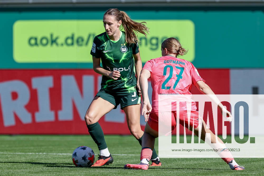 V.li.: Lara Prasnikar (VfL Wolfsburg, 9) und Sarah Gutmann (SV Werder Bremen, 27) im Zweikampf, Duell, Dynamik, Aktion, Action, Spielszene, DIE DFB-RICHTLINIEN UNTERSAGEN JEGLICHE NUTZUNG VON FOTOS ALS SEQUENZBILDER UND ODER VIDEOÄHNLICHE FOTOSTRECKEN. DFB REGULATIONS PROHIBIT ANY USE OF PHOTOGRAPHS AS IMAGE SEQUENCES AND OR QUASI-VIDEO., 06.09.2026, Wolfsburg (Deutschland), Fussball, Google Pixel Frauen-Bundesliga, VfL Wolfsburg - SV Werder Bremen