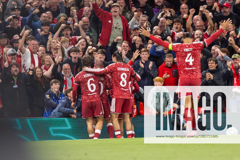 Alexis Mac Allister and players of FC Liverpool seen celebrating after goal during UEFA Champions League 2026 2027 league phase game between teams of Liverpool FC and Atletico Madrid (Ernest Kolodziej Ball Raw Images) Liverpool Anfield England