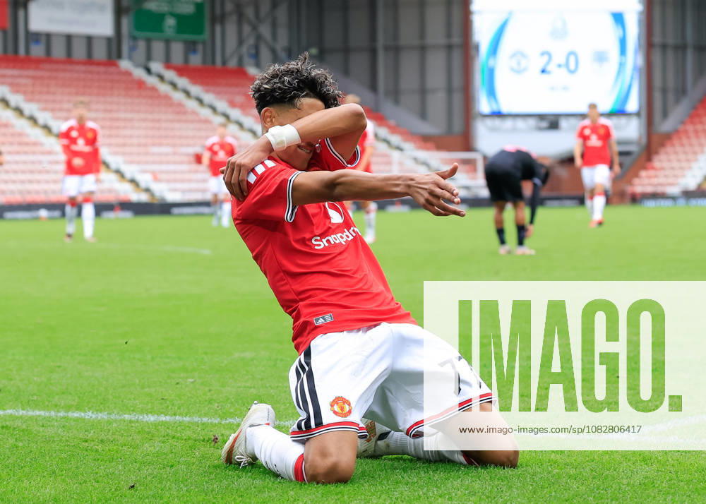 Leigh, England, 10th September 2026. Joseph Junior Andreou Gabriel (JJ Gabriel) of Manchester United, ManU celebrates scoring their sides third goal during the Manchester United U19 vs Sabah U19 UEFA Youth League match at Leigh Sports Village, Leigh. Picture credit should read: Cody Froggatt Sportimage . SPI_010_CF_MANCHESTER_UNITED_U19_V_SABAH_U19 SPI-4987-0011