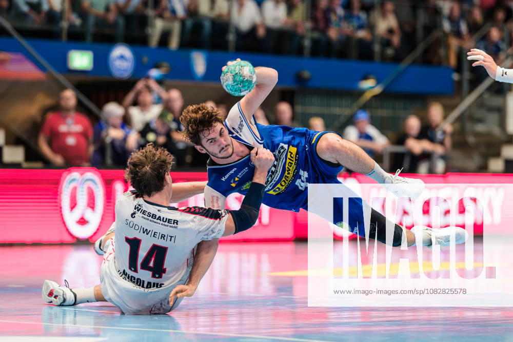 Stephan Seitz (ThSV Eisenach, 44), Fynn Luca Nicolaus (SG BBM Bietigheim, 14) GER, ThSV Eisenach gegen SG BBM Bietigheim, 1. Opel Handballbundesliga, Handball, 4.Spieltag, Saison 2026 2027, 19.00 Uhr, 10.09.2026 GER, ThSV Eisenach gegen SG BBM Bietigheim, 1. Opel Handballbundesliga, Handball, 4.Spieltag, Saison 2026 2027, 19.00 Uhr, 10.09.2026 Eisenach