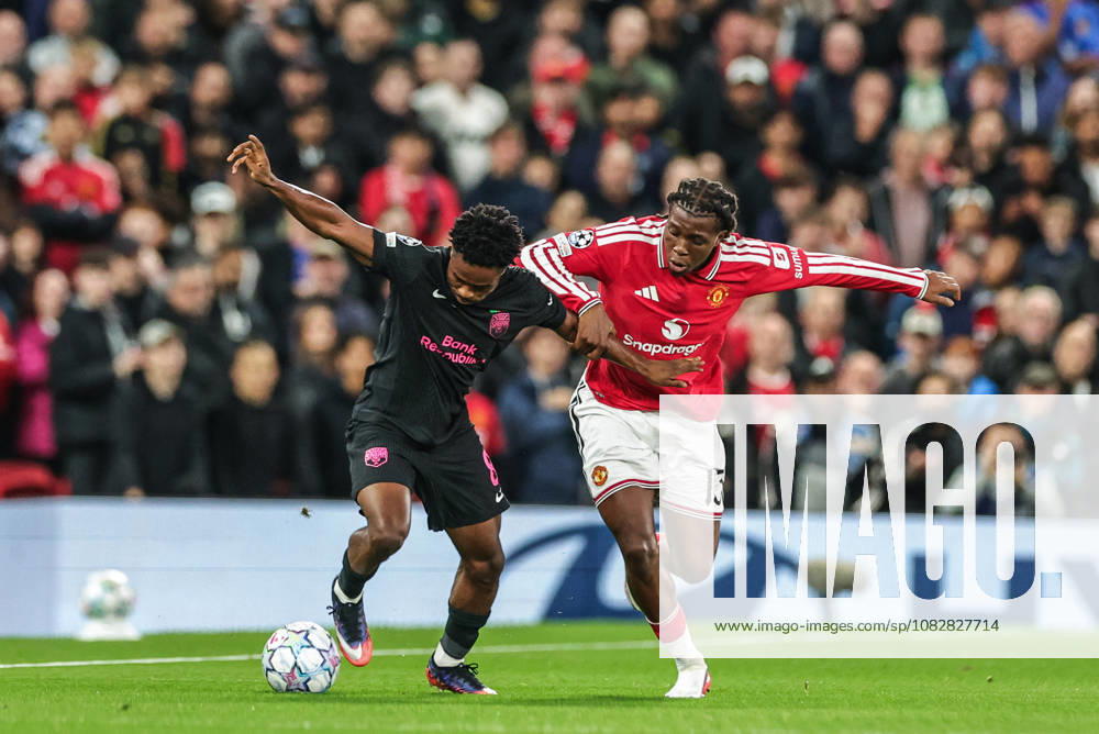 UEFA Champions League Matchday 1 of 8 Manchester United, ManU v Sabah FK Christian Nwachukwu of Sabah FK and Patrick Dorgu of Manchester United battle for the ball during the UEFA Champions League Matchday 1 of 8 match Manchester United vs Sabah FK at Old Trafford, Manchester, United Kingdom on 10 September 2026 (Photo by Mark Cosgrove News Images) Manchester Old Trafford Greater Manchester United Kingdom