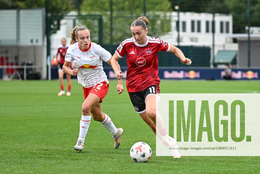 Fußball I Frauen I Saison 2026-2027 I Bundesliga I 4. Spieltag I RB Leipzig - 1. FC Nürnberg I 12.09.2026 Zweikampf Jasmien Mathys (12, Rasenballsport Leipzig), Lara Meroni (11, 1. FC Nürnberg) Leipzig RB Trainingszentrum, Cottaweg 7 Sachsen Deutschland