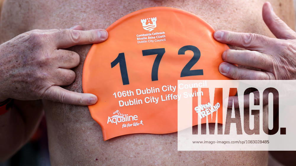 REPRO FREE *PRESS RELEASE NO REPRODUCTION FEE* 106th Dublin City Liffey Swim 2026, River Liffey, Dublin 12 9 2026 A view of Phillip Ellis swim hat as he prepares to enter the water A view of Phillip Ellis swim hat as he prepares to enter the water 12 9 2026