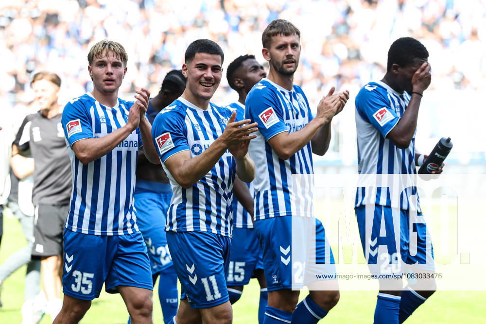 V.l. Magnus Baars (1. FC Magdeburg,35), Felipe Chavez (1. FC Magdeburg,11), Torben Müssel (1. FC Magdeburg,26), Pierre Nadjombe (1. FC Magdeburg,28) - 2. Fußball Bundesliga Saison 2026-2027 1. FC Magdeburg vs 1. FC Kaiserslautern in der Avnet Arena in Magdeburg - Aktion,Fußball,Mann,Männer,Deutschland