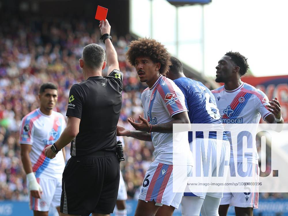 Premier League - Crystal Palace v Ipswich Town LONDON, ENGLAND, SEPTEMBER 12: Axel Disasi of Crystal Palace is shown a red card and sent off by Referee, Chris Kavanagh after a tackle on Jack Clarke of Ipswich Town during The Premier League match between Crystal Palace v Ipswich Town at Selhurst Park Stadium, London, England, on September 12. (Photo by Daniel Weir) London Selhurst Park Stadium England