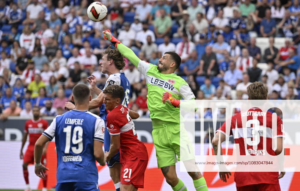 Strafraumszene, Torraumszene Torwart Fabian Bredlow VfB Stuttgart (01) Aktion gegen Wouter Burger TSG 1899 Hoffenheim (18) TSG 1899 Hoffenheim vs VfB Stuttgart 12.09.2026 DFL REGULATIONS PROHIBIT ANY USE OF PHOTOGRAPHS AS IMAGE SEQUENCES AND OR QUASI-VIDEO TSG 1899 Hoffenheim vs VfB Stuttgart