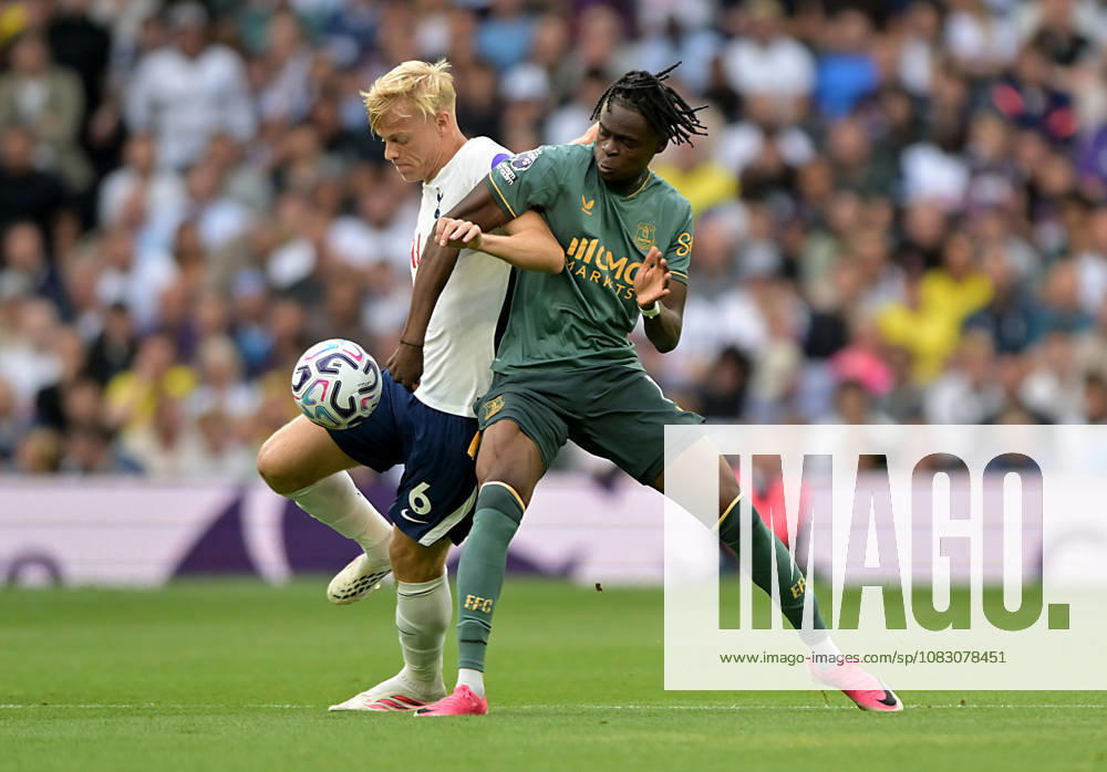Tottenham Hotspur V Everton. Premier League. Jan Paul van Hecke (Spurs) and Tyrique George (Everton) during the Tottenham Hotspur V Everton Premier League match at the Tottenham Hotspur Stadium, London. This Image is for . Licence required from the Football DataCo for any other use. Tottenham Tottenham Hotspur Stadium UK