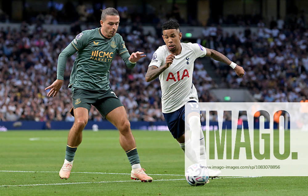 Tottenham Hotspur V Everton. Premier League. Jack Grealish (Everton) and Savio (Spurs) during the Tottenham Hotspur V Everton Premier League match at the Tottenham Hotspur Stadium, London. This Image is for . Licence required from the Football DataCo for any other use. Tottenham Tottenham Hotspur Stadium UK