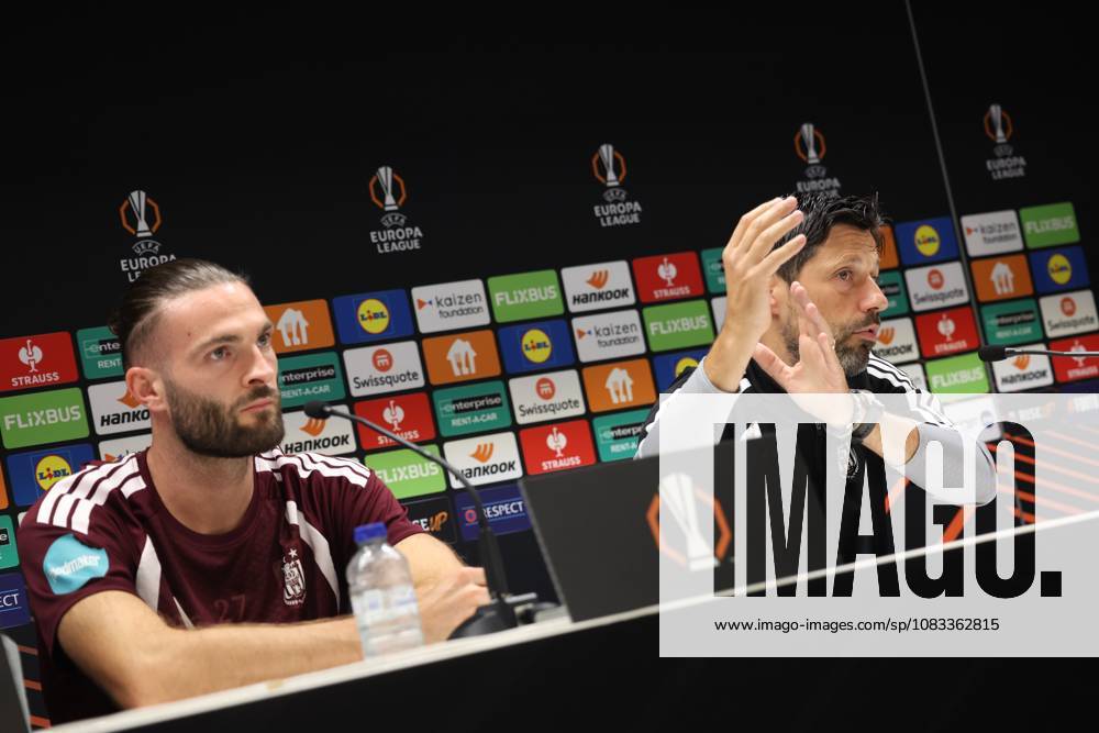 Anderlecht s Leo Petrot and Anderlecht s head coach Vitor Bruno pictured during a press conference, PK, Pressekonferenz of Belgian soccer team RSC Anderlecht ahead of the game against French club Olympique Lyonnais, Tuesday 15 September 2026 in Brussels, for the first day (out of 8) of the league phase of the UEFA Europa League phase. VIRGINIExLEFOUR x0866920460stx