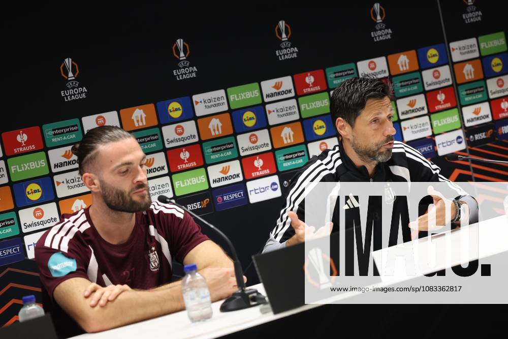 Anderlecht s Leo Petrot and Anderlecht s head coach Vitor Bruno pictured during a press conference, PK, Pressekonferenz of Belgian soccer team RSC Anderlecht ahead of the game against French club Olympique Lyonnais, Tuesday 15 September 2026 in Brussels, for the first day (out of 8) of the league phase of the UEFA Europa League phase. VIRGINIExLEFOUR x0866920471stx