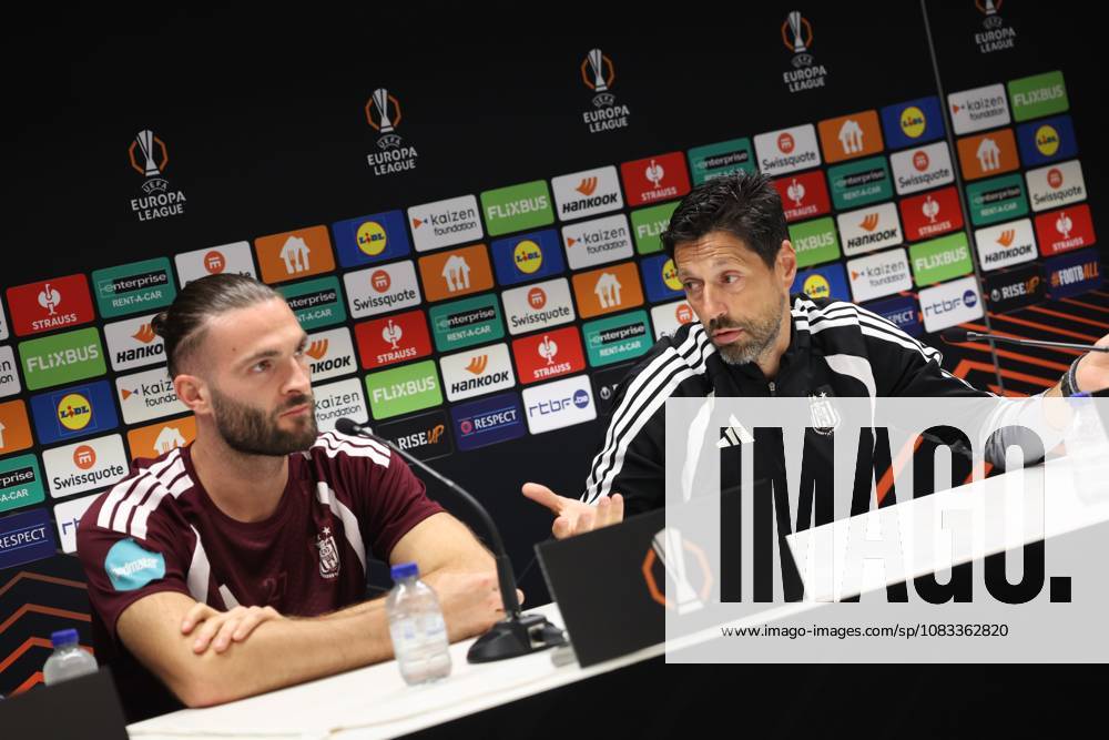 Anderlecht s Leo Petrot and Anderlecht s head coach Vitor Bruno pictured during a press conference, PK, Pressekonferenz of Belgian soccer team RSC Anderlecht ahead of the game against French club Olympique Lyonnais, Tuesday 15 September 2026 in Brussels, for the first day (out of 8) of the league phase of the UEFA Europa League phase. VIRGINIExLEFOUR x0866920476stx