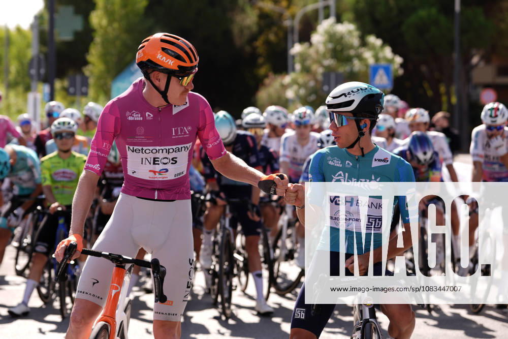 France s Dorian Godon of Netcompany Ineos cyclamen jersey and Italy s Alessandro Fancellu of MBH Bank CSB Telecom Fort biancoverdeblu jersey during the Giro dAbruzzo, stage 4 from Silvi to Controguerra (182 km) - Abruzzo, Italy - Friday, September 18, 2026. - cycling.