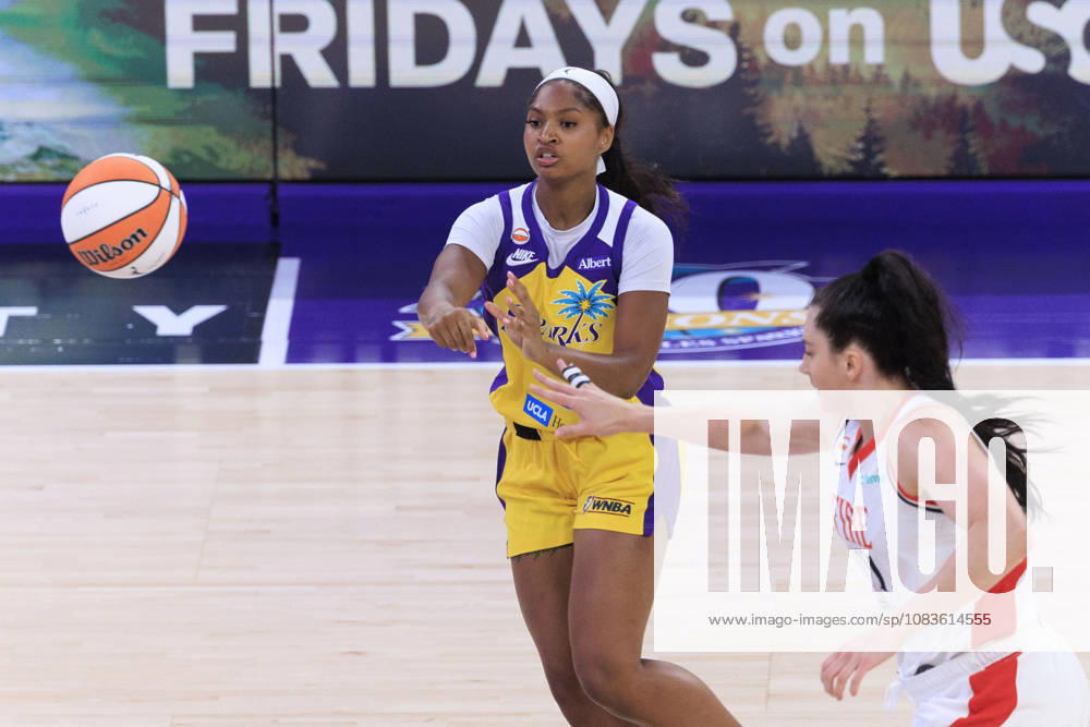 Chance Gray 2 of the Los Angeles Sparks passes the ball as Megan DiLeo 17 of the Portland Fire defends during their regular season WNBA, Basketball Damen, USA game on Sunday September 20, 2026 at Crypto.com Arena in Los Angeles, California. Sparks defeat Fire, 105-84. ARIANA RUIZ PI Los Angeles USA - ZUMAp124 20260920_zaa_p124_120