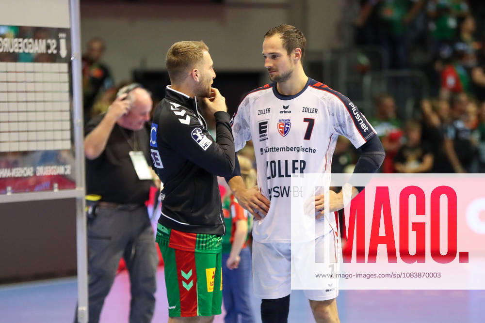 Handball - Opel HBL SC Magdeburg - SG BBM Bietigheim, v.l. Lukas Mertens (Magdeburg, 22), Dominik Claus (Bietigheim, 7) Magdeburg