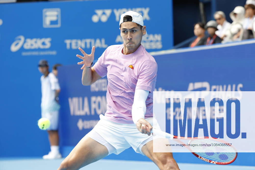Alejandro Tabilo (Chile) returns a shot against Denis Shapovalov (Canada) during their Round of 16 match at the Kinoshita Group Japan Open Tennis Championships at Ariake Colosseum in Tokyo. The tournament runs from September 29 to October 6. Shapovalov won 7-5, 3-6, 6-4. Tokyo Japan - ZUMAm191 20261003_aap_m191_001