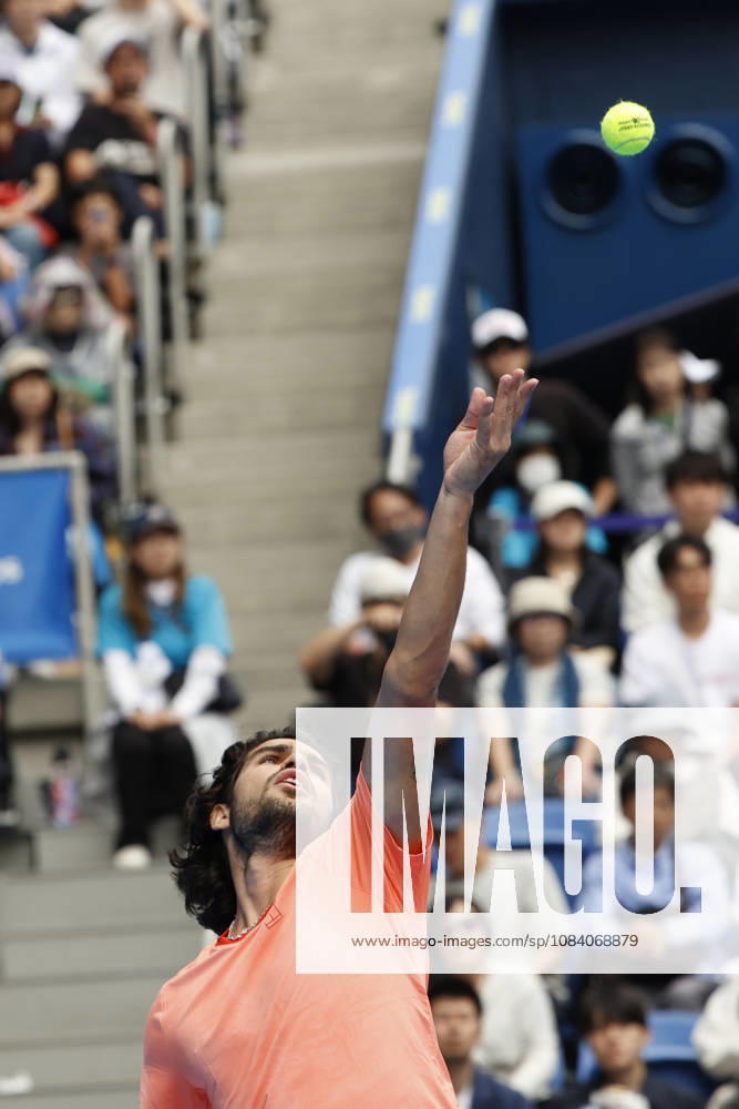 Carlos Alcaraz (Spain) serves against Matteo Arnaldi (Italy) during their Round of 16 match at the Kinoshita Group Japan Open Tennis Championships at Ariake Colosseum in Tokyo. The tournament runs from September 29 to October 6. Alcaraz won 7-6(6), 6-1. Tokyo Japan - ZUMAm191 20261003_aap_m191_028